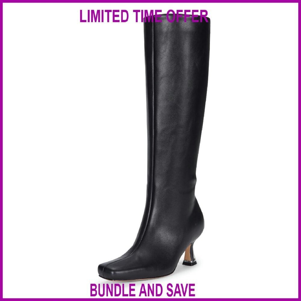 Knee High Boots with Kitten Heel, Square Toe, Faux Leather, Size Available